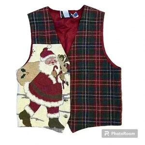 Vintage Christmas Tapestry Tartan Plaid Santa Vest Made In USA Size Medium 80s